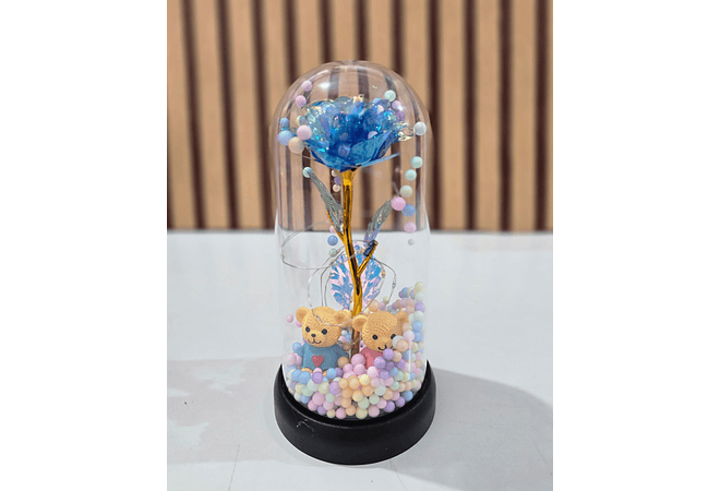 CÚPULA CON ROSA ETERNA COLORES TORNASOL CON LUZ LED (OSITO)  MOD# 185