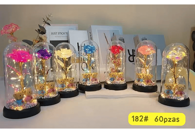 CÚPULA CON ROSA ETERNA COLORES TORNASOL CON LUZ LED (OSITO)  MOD# 185