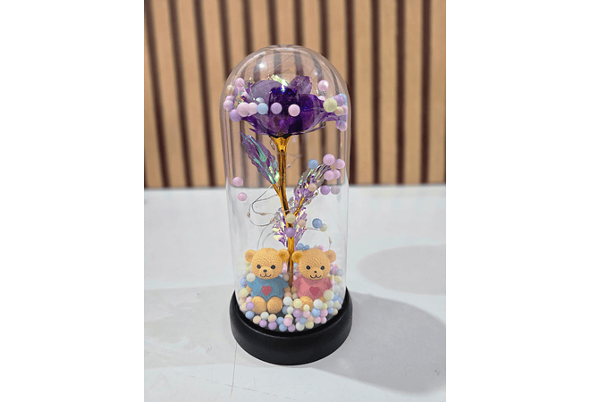 CÚPULA CON ROSA ETERNA COLORES TORNASOL CON LUZ LED (OSITO)  MOD# 185