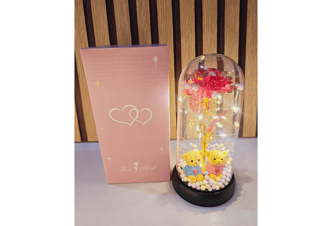 CÚPULA CON ROSA ETERNA COLORES TORNASOL CON LUZ LED (OSITO)  MOD# 185