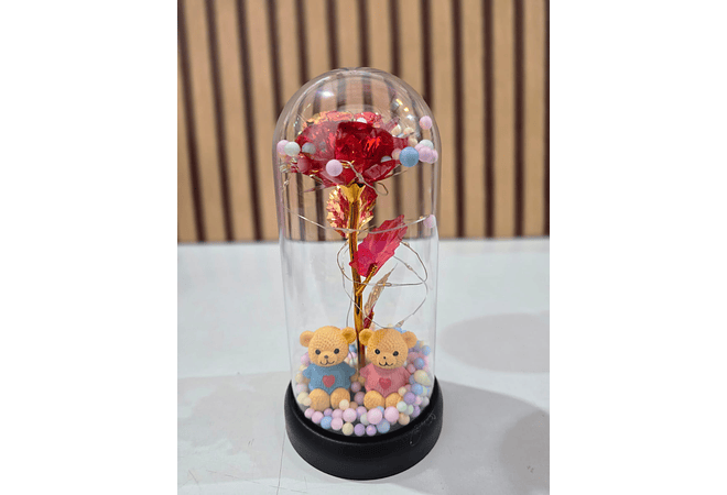 CÚPULA CON ROSA ETERNA COLORES TORNASOL CON LUZ LED (OSITO)  MOD# 185
