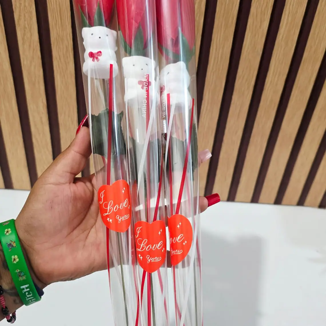 ROSA ARTIFICIAL ROJA INDIVIDUAL GRANDE CON OSITO  MOD# FU-42 🧸🥰 4