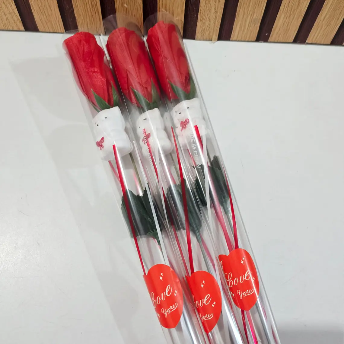 ROSA ARTIFICIAL ROJA INDIVIDUAL GRANDE CON OSITO  MOD# FU-42 🧸🥰 6