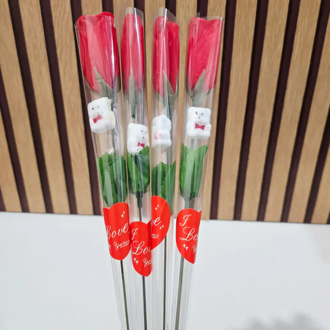PAQ DE 3 ROSAS ARTIFICIALES ROJAS CHICAS CON OSITO MOD# FU-41 🧸🥰 6
