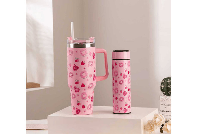 🌸🍒 DÚO DE TERMO VACUUM FLORES/ CEREZAS MODEL #3263-B  🍒🌸