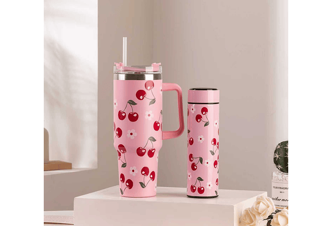 🌸🍒 DÚO DE TERMO VACUUM FLORES/ CEREZAS MODEL #3263-B  🍒🌸