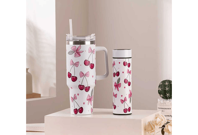 🌸🍒 DÚO DE TERMO VACUUM FLORES/ CEREZAS MODEL #3263-B  🍒🌸