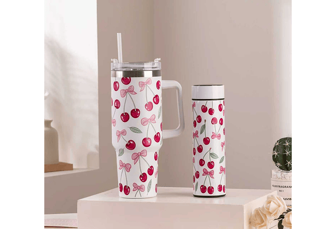 🌸🍒 DÚO DE TERMO VACUUM FLORES/ CEREZAS MODEL #3263-B  🍒🌸