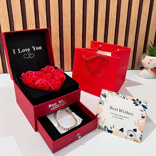 ALHAJERO CON ROSAS ETERNAS DE JABON Y PULSERA (BOLSA+ TARJETITA) MOD# 718🧼🫧