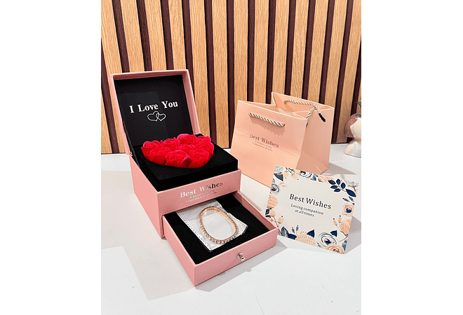 ALHAJERO CON ROSAS ETERNAS DE JABON Y PULSERA (BOLSA+ TARJETITA) MOD# 718🧼🫧