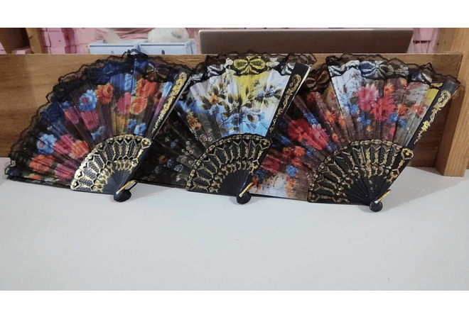 🪻DOCENA DE ABANICOS NEGRO DISEÑO FLORAL MOD #A8  🌺