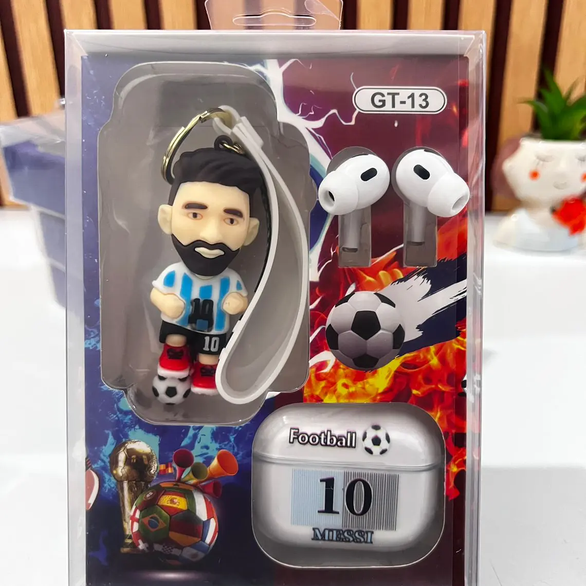 ESTUCHE CON AUDÍFONOS Y LLAVERO JUGADOR DE FUTBOL MUNDIAL MOD# FR-9514🎧🎶 2