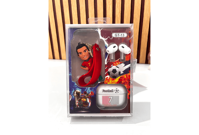 ESTUCHE CON AUDÍFONOS Y LLAVERO JUGADOR DE FUTBOL MOD# FR-9514🎧🎶