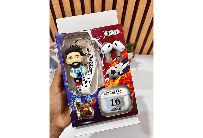 ESTUCHE CON AUDÍFONOS Y LLAVERO JUGADOR DE FUTBOL MOD# FR-9514🎧🎶
