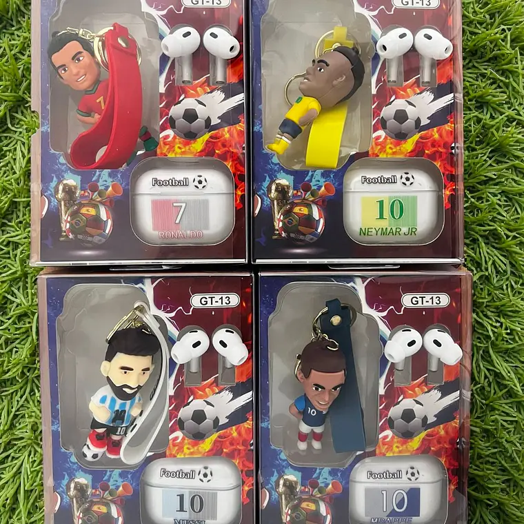 ESTUCHE CON AUDÍFONOS Y LLAVERO JUGADOR DE FUTBOL MUNDIAL MOD# FR-9514🎧🎶 1