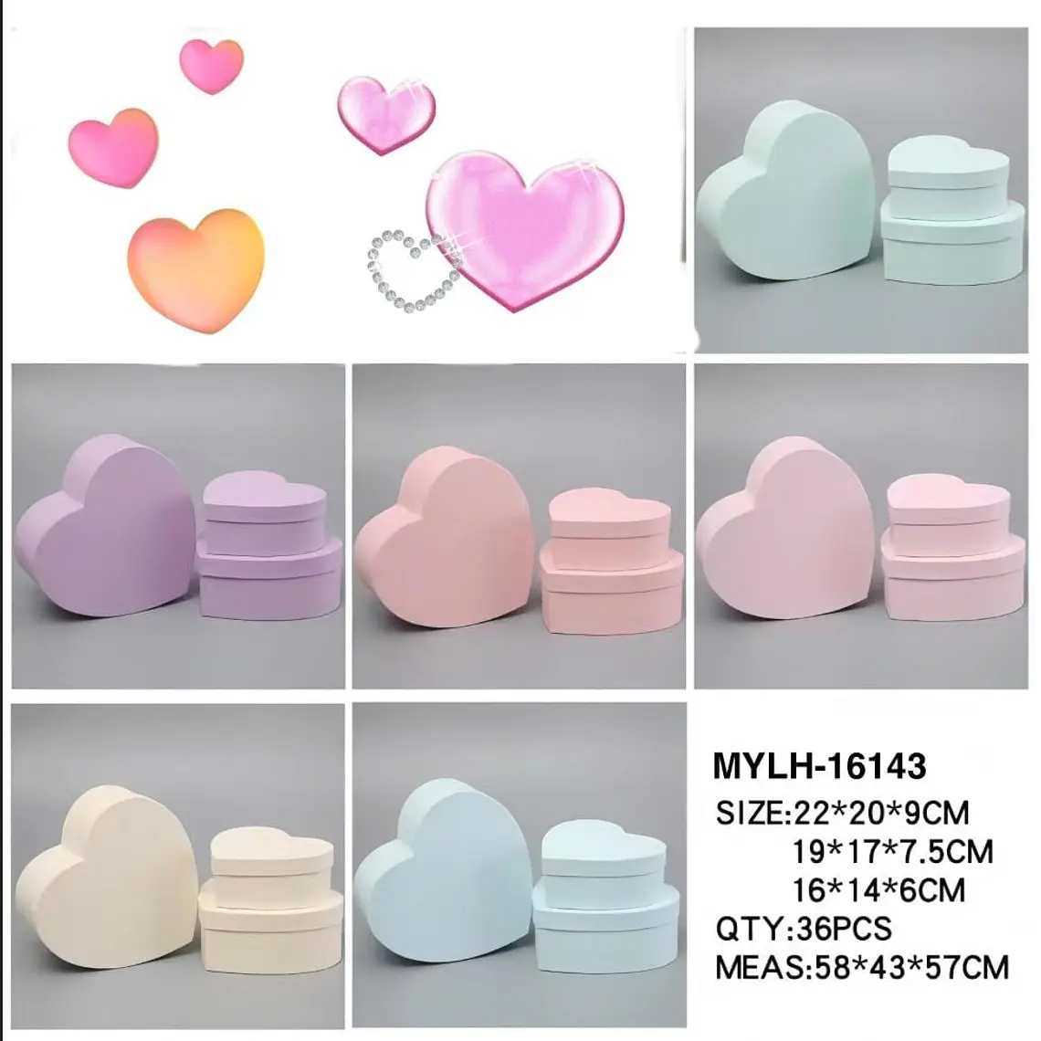 SET DE 3 CAJAS EN FORMA DE CORAZÓN PARA REGALO COLORES LISOS MOD# MYLH-16143🎁🎉 1