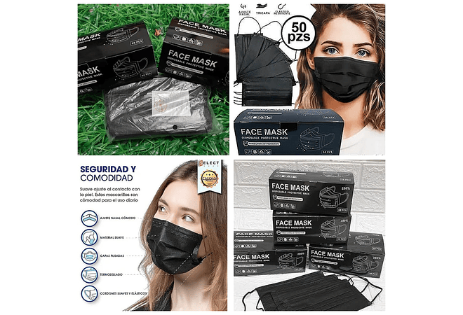 CAJITA CON 50 CUBREBOCAS NEGROS PARA ADULTO