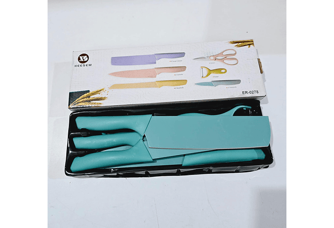 SET DE CUCHILLOS + TIJERAS + PELADOR COLORES LISOS(Cajita pequeña)MOD# ER-0278 🍴