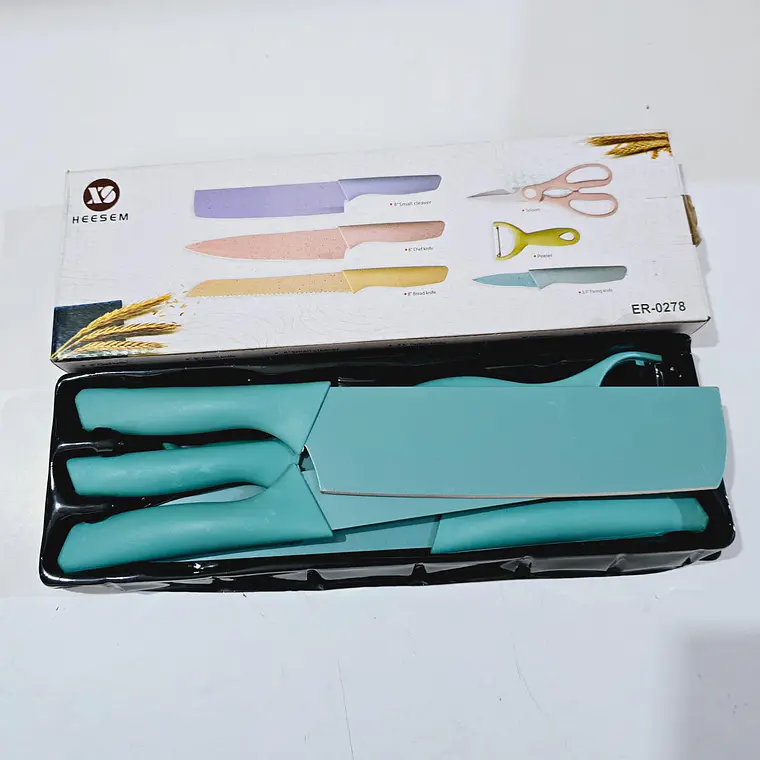 SET DE CUCHILLOS + TIJERAS + PELADOR COLORES LISOS(Cajita pequeña)MOD# ER-0278 🍴 2