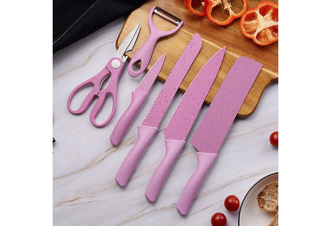 SET DE CUCHILLOS + TIJERAS + PELADOR COLORES LISOS(Cajita pequeña)MOD# ER-0278 🍴