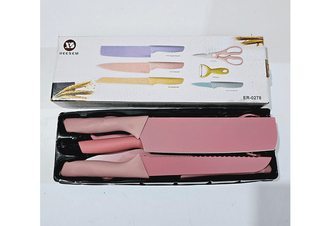 SET DE CUCHILLOS + TIJERAS + PELADOR COLORES LISOS(Cajita pequeña)MOD# ER-0278 🍴