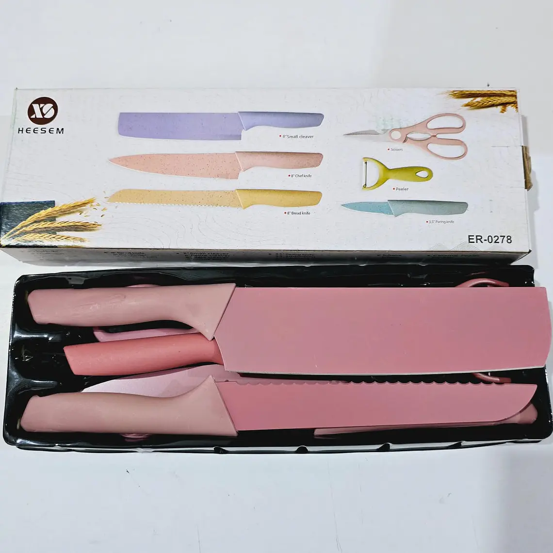 SET DE CUCHILLOS + TIJERAS + PELADOR COLORES LISOS(Cajita pequeña)MOD# ER-0278 🍴 6