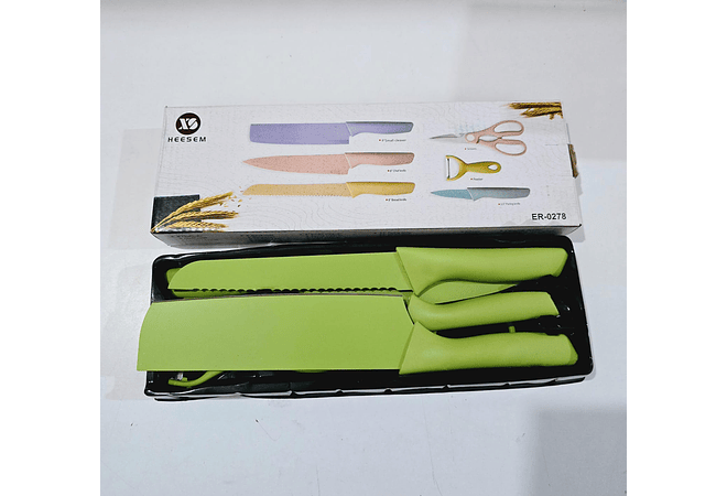 SET DE CUCHILLOS + TIJERAS + PELADOR COLORES LISOS(Cajita pequeña)MOD# ER-0278 🍴
