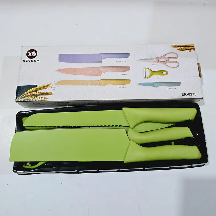 SET DE CUCHILLOS + TIJERAS + PELADOR COLORES LISOS(Cajita pequeña)MOD# ER-0278 🍴 8