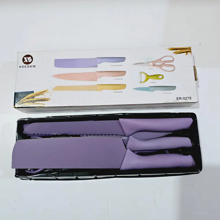 SET DE CUCHILLOS + TIJERAS + PELADOR COLORES LISOS(Cajita pequeña)MOD# ER-0278 🍴 10