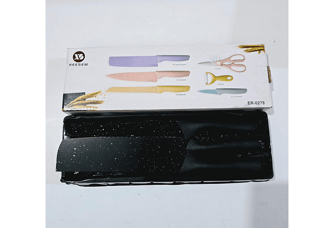 SET DE CUCHILLOS + TIJERAS + PELADOR COLORES LISOS(Cajita pequeña)MOD# ER-0278 🍴