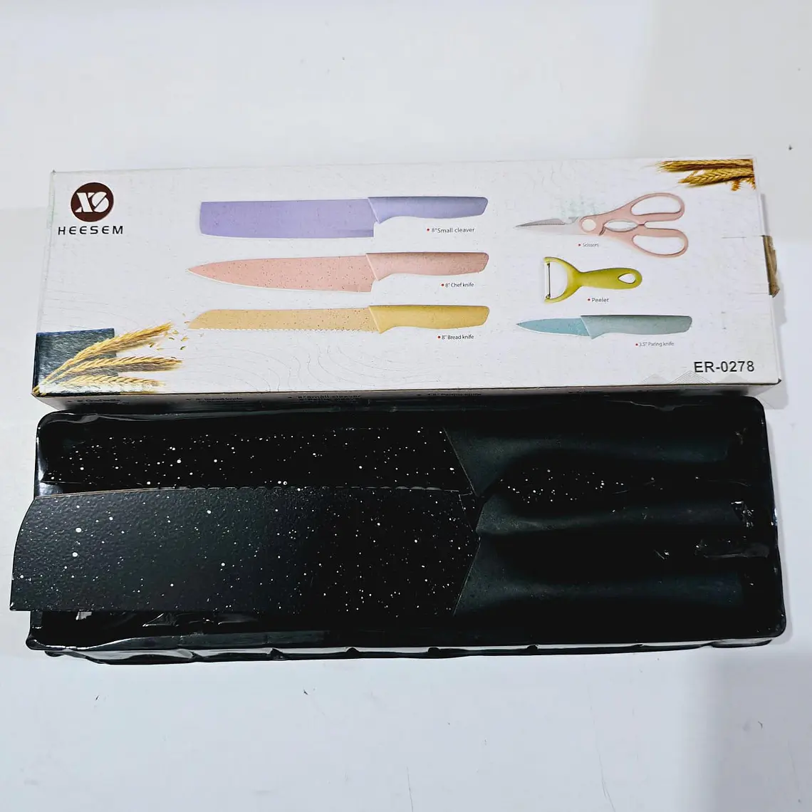 SET DE CUCHILLOS + TIJERAS + PELADOR COLORES LISOS(Cajita pequeña)MOD# ER-0278 🍴 11