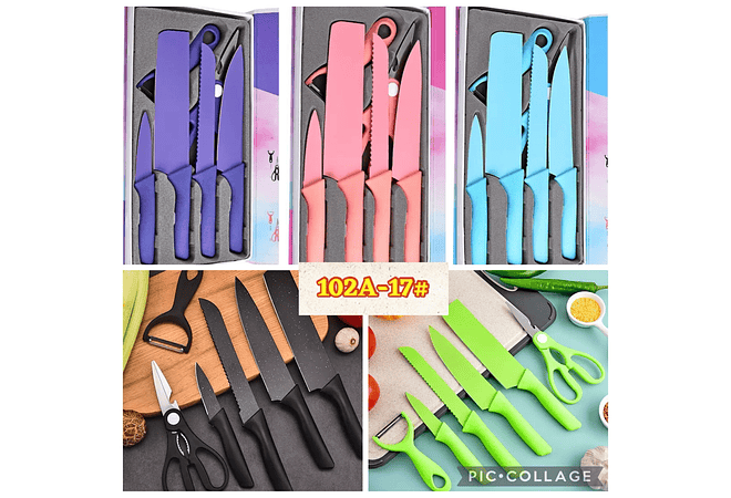 SET DE CUCHILLOS + TIJERAS + PELADOR COLORES LISOS(Cajita pequeña)MOD# ER-0278 🍴