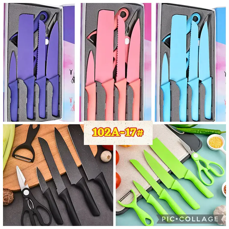 SET DE CUCHILLOS + TIJERAS + PELADOR COLORES LISOS(Cajita pequeña)MOD# ER-0278 🍴 1