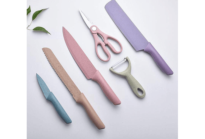 SET DE CUCHILLOS + TIJERAS + PELADOR MULTICOLOR (cajita mediana) MOD# ER-0278 ✂️ 🍴
