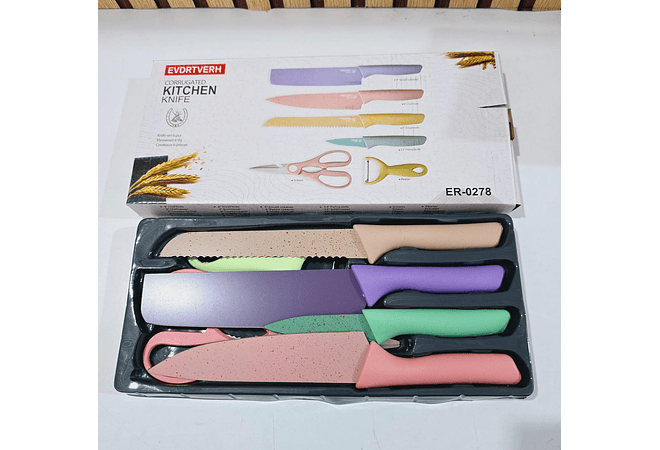 SET DE CUCHILLOS + TIJERAS + PELADOR MULTICOLOR (cajita mediana) MOD# ER-0278 ✂️ 🍴