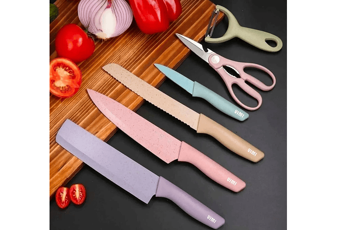 SET DE CUCHILLOS + TIJERAS + PELADOR MULTICOLOR (cajita mediana) MOD# ER-0278 ✂️ 🍴