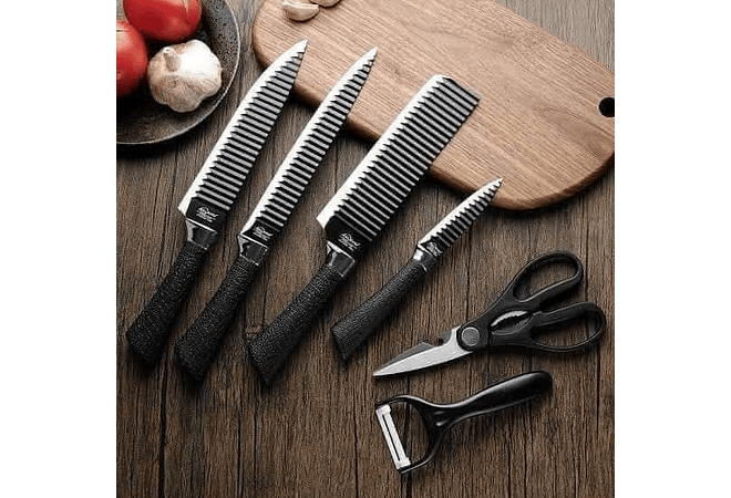 SET DE CUCHILLOS + TIJERAS + PELADOR (NEGROS) Cajita negra MOD# ER-0238A 🥒🥭