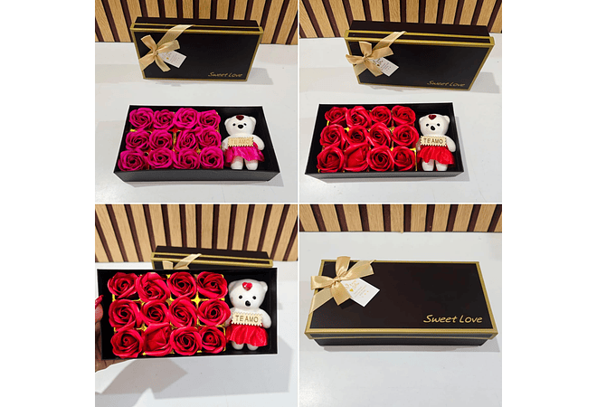 CAJITA CON 12 FLORES DE JABON + OSITO MOD# QR-51🧸🧼🌷