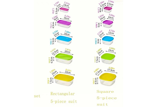 SET DE 5 TUPPER DIFERENTES TAMAÑOS/TAPAS DE COLORES (RECTANGULAR)