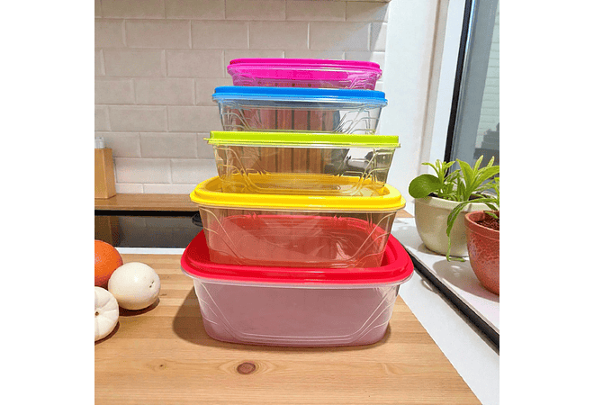 SET DE 5 TUPPER DIFERENTES TAMAÑOS/TAPAS DE COLORES (RECTANGULAR)