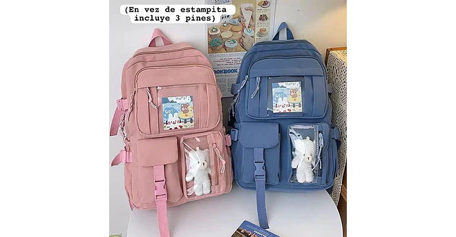 MOCHILA JUVENIL KAWAII CON PINES Y LLAVERO OSITO MOD# 637 (AGREGAR 3 PINES)