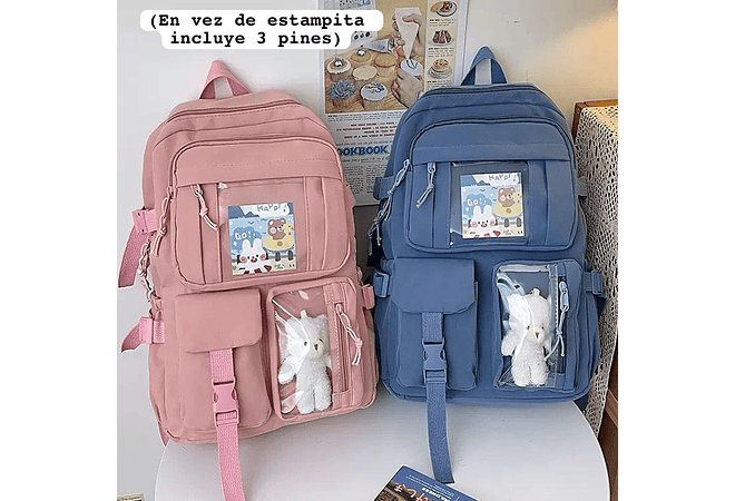 MOCHILA JUVENIL KAWAII CON PINES Y LLAVERO OSITO MOD# 637 (AGREGAR 3 PINES)