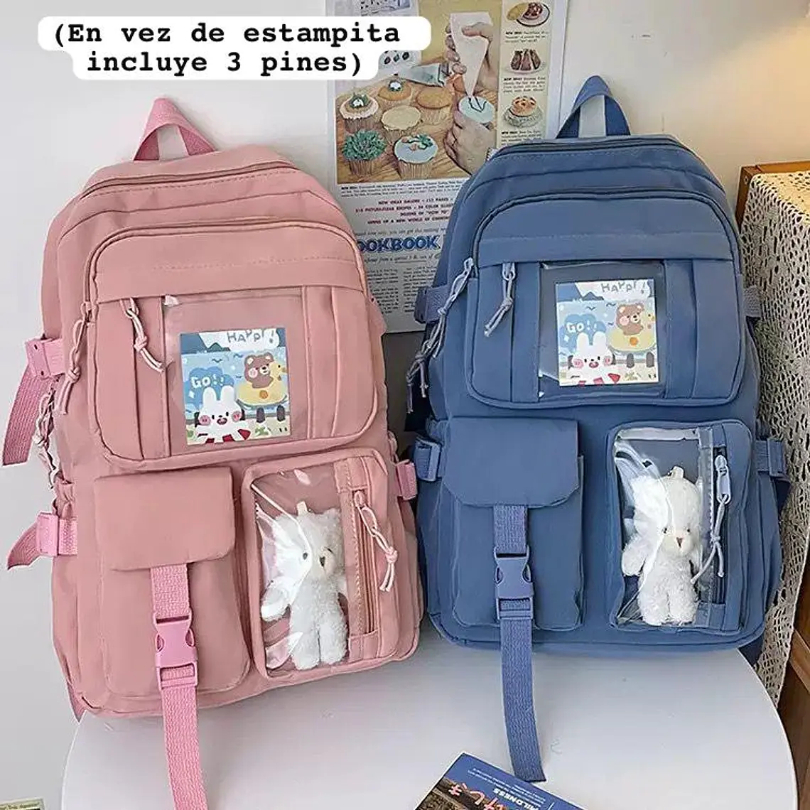 MOCHILA JUVENIL KAWAII CON PINES Y LLAVERO OSITO MOD# 637 (AGREGAR 3 PINES) 1