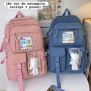 MOCHILA JUVENIL KAWAII CON PINES Y LLAVERO OSITO MOD# 637 (AGREGAR 3 PINES)