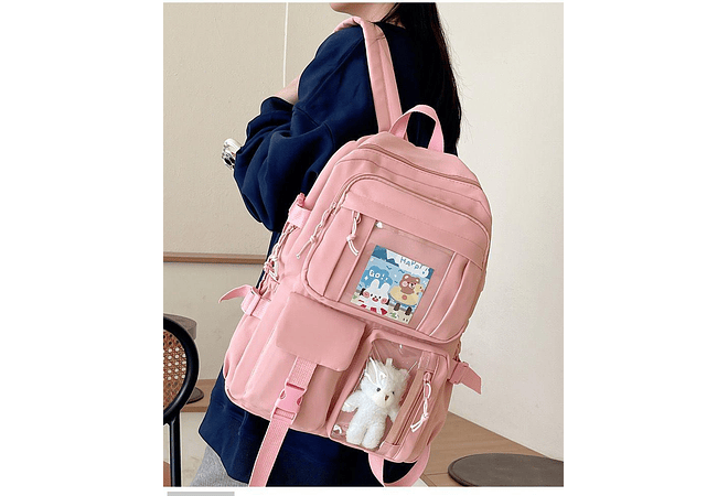 MOCHILA JUVENIL KAWAII CON PINES Y LLAVERO OSITO MOD# 637 (AGREGAR 3 PINES)