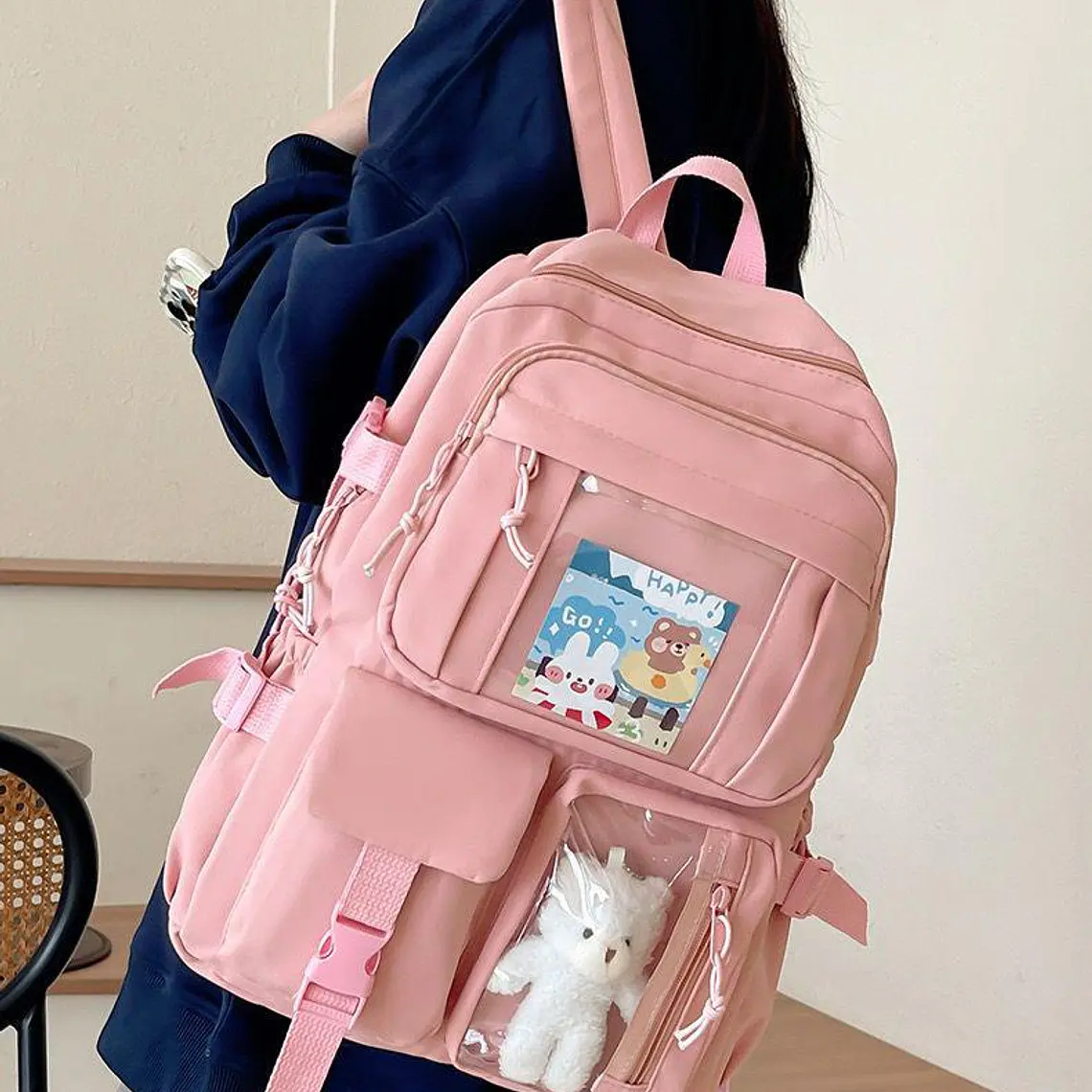 MOCHILA JUVENIL KAWAII CON PINES Y LLAVERO OSITO MOD# 637 (AGREGAR 3 PINES) 3