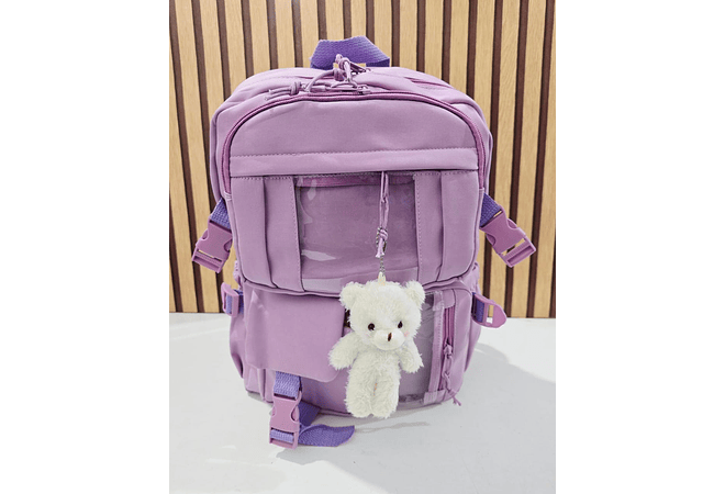 MOCHILA JUVENIL KAWAII CON PINES Y LLAVERO OSITO MOD# 637 (AGREGAR 3 PINES)