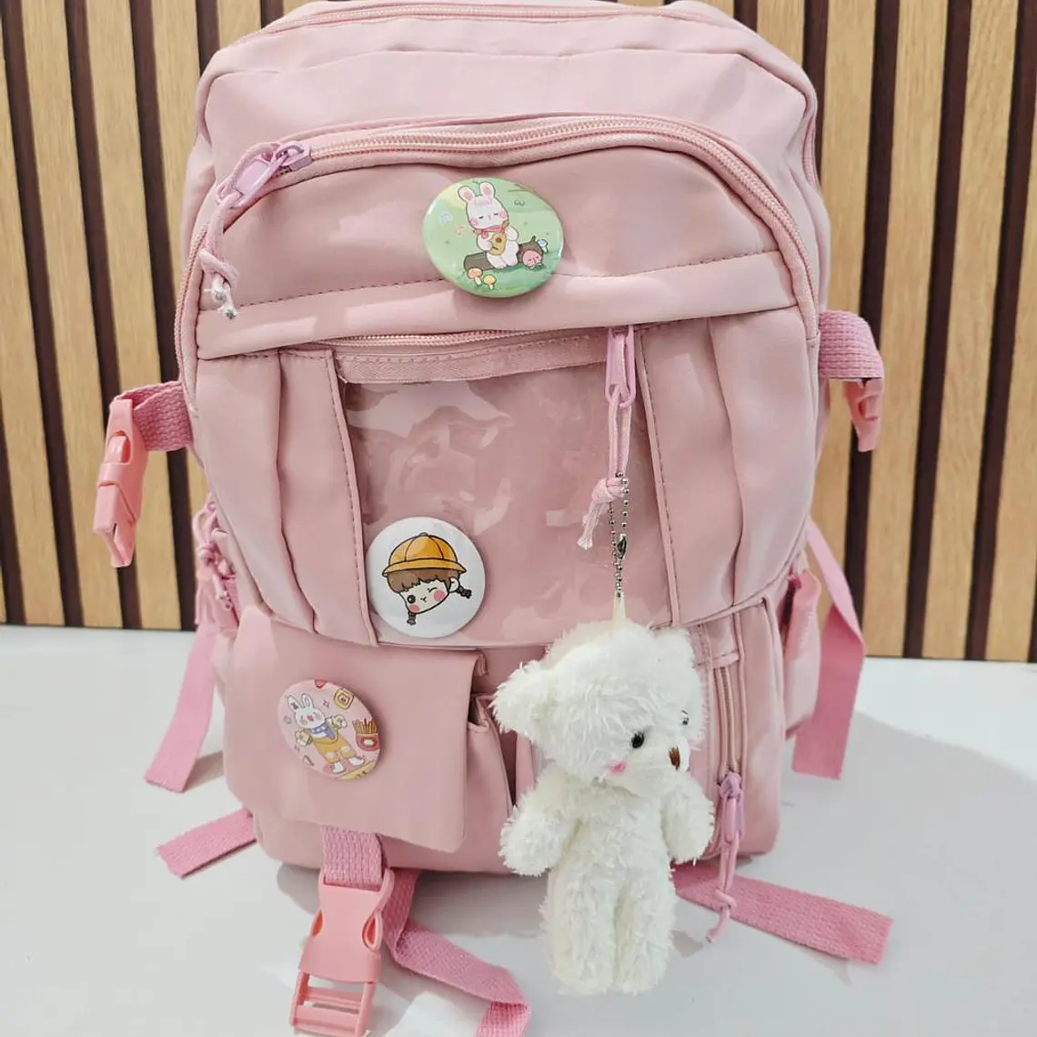 MOCHILA JUVENIL KAWAII CON PINES Y LLAVERO OSITO MOD# 637 (AGREGAR 3 PINES) 9