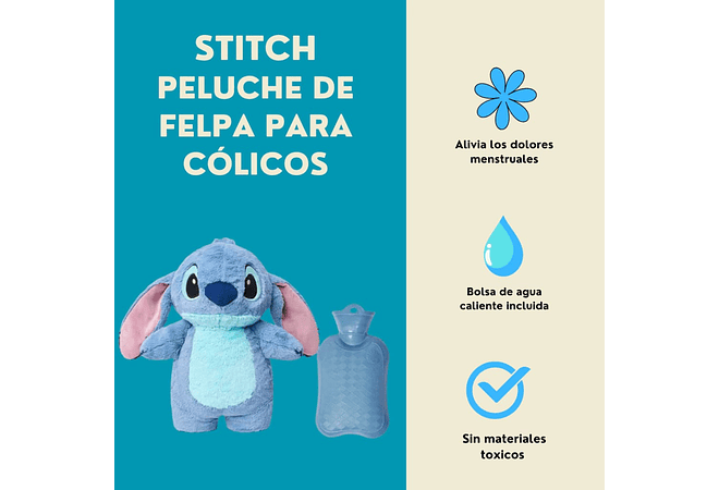 PELUCHE STITCH CON BOLSA PARA AGUA CALIENTE PARA ALIVIAR DOLORES Y MOLESTIAS
