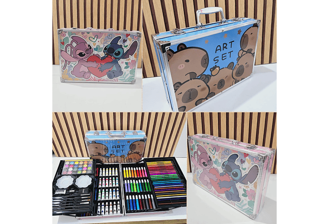 🫟🎨ESTUCHE CON KIT DE DIBUJO PROFESIONAL DE PINTURAS(CAPIBARA O STITCH) MOD# PL145🧩